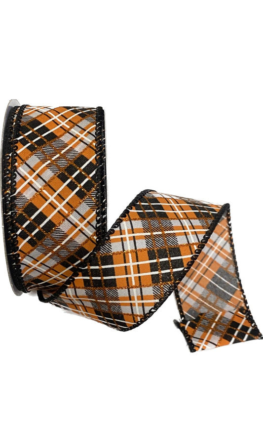 Wired Black, White, and Orange Cross Check Halloween Ribbon with Glitter Accent-1.5”x10 Yards