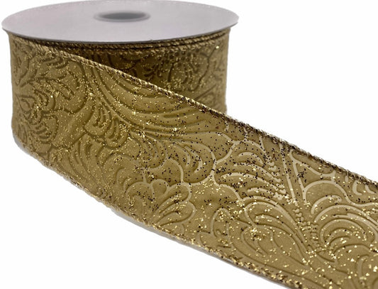 10 Yards - 1.5” Wired Gold with Glitter Floral Embossed Ribbon