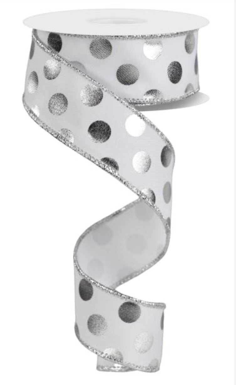 10 Yards - 1.5" Wired White and Silver Metallic Polka Dot Ribbon