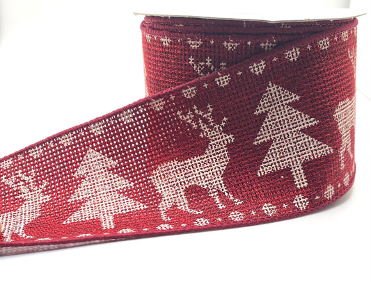 10 Yards - 2.5" Wired Burgundy and White Deer and Trees Reindeer Ribbon