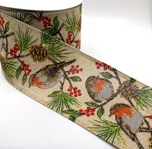 10 Yards - 2.5” Wired Natural Linen Birds Pine Cones and Berries Glitter Accent Ribbon