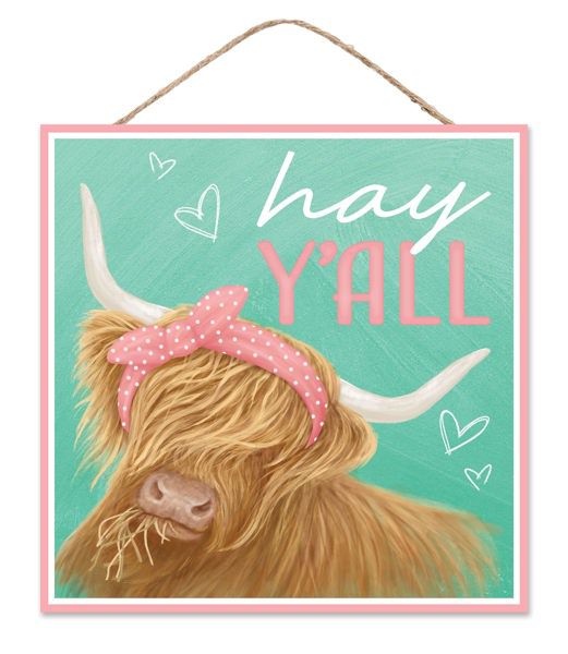 10" Square Hay Ya’ll Highland Cow Wreath Sign