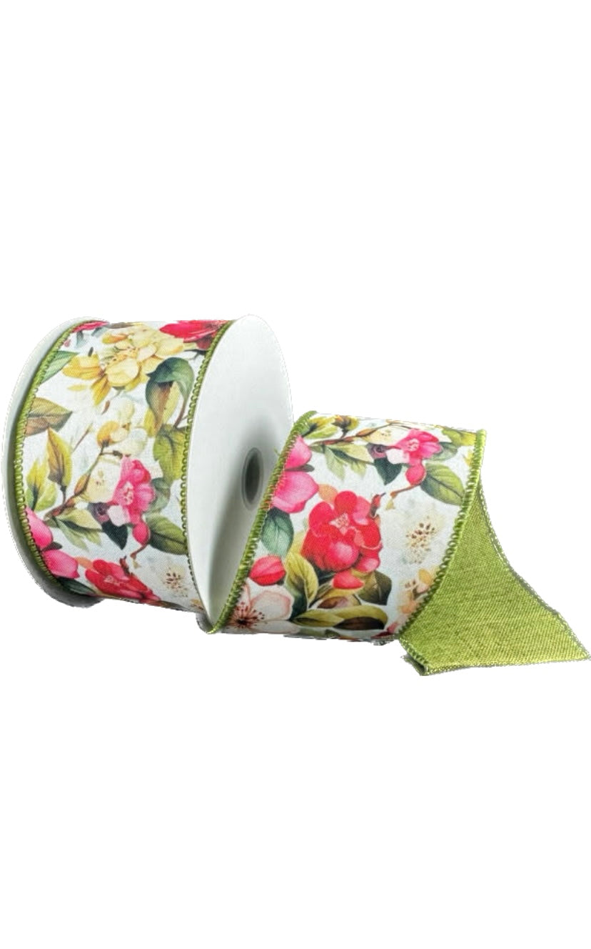 Wired Double Sided Pink-Blush Magnolia Moss Linen Back Ribbon- 2.5”x10 Yards