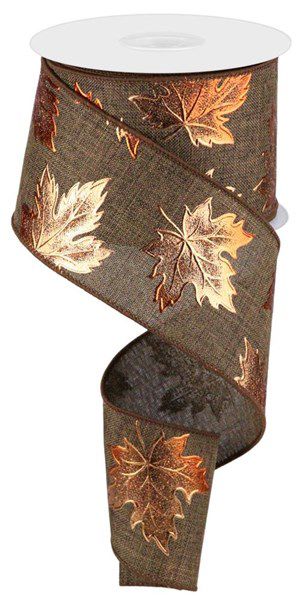 10 Yards - 2.5” Wired Brown Background with Orange Foil Fall Leaves Ribbon