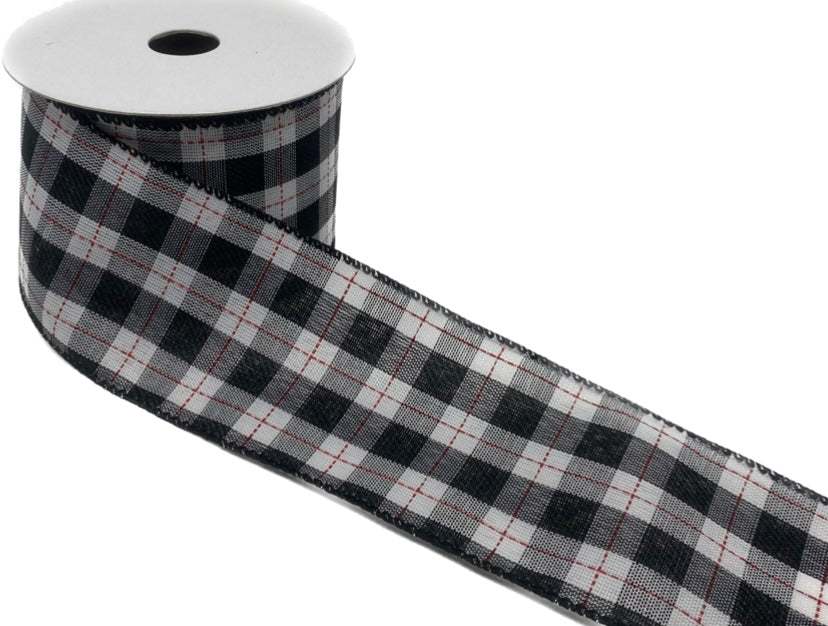 10 Yards - 2.5” Wired Black, Red, and White Check Ribbon