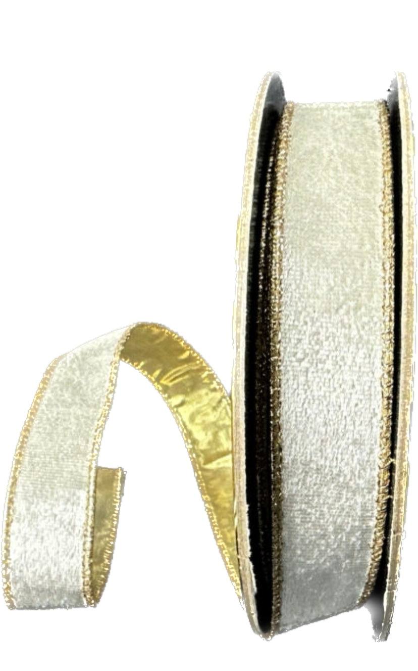 Wired Ivory Lush Velvet Gold Metallic Back Ribbon- 1”x10 Yards