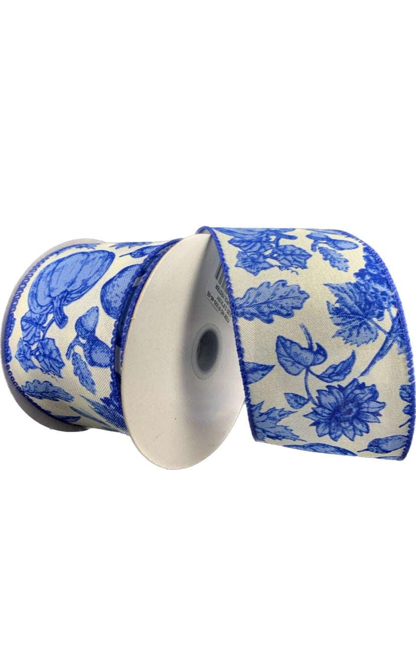 Wired Cream and Blue Fall Ribbon- 2.5”x10 Yards