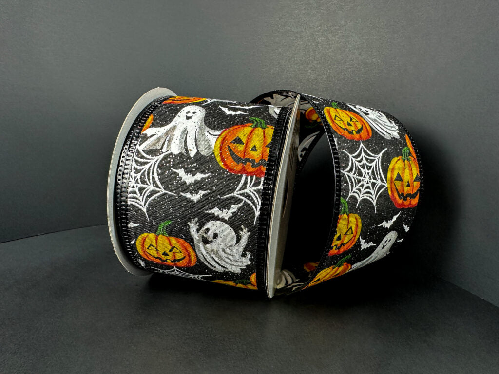 Wired Black Satin Ghost  and Pumpkin Halloween Ribbon-2.5”x10 Yards