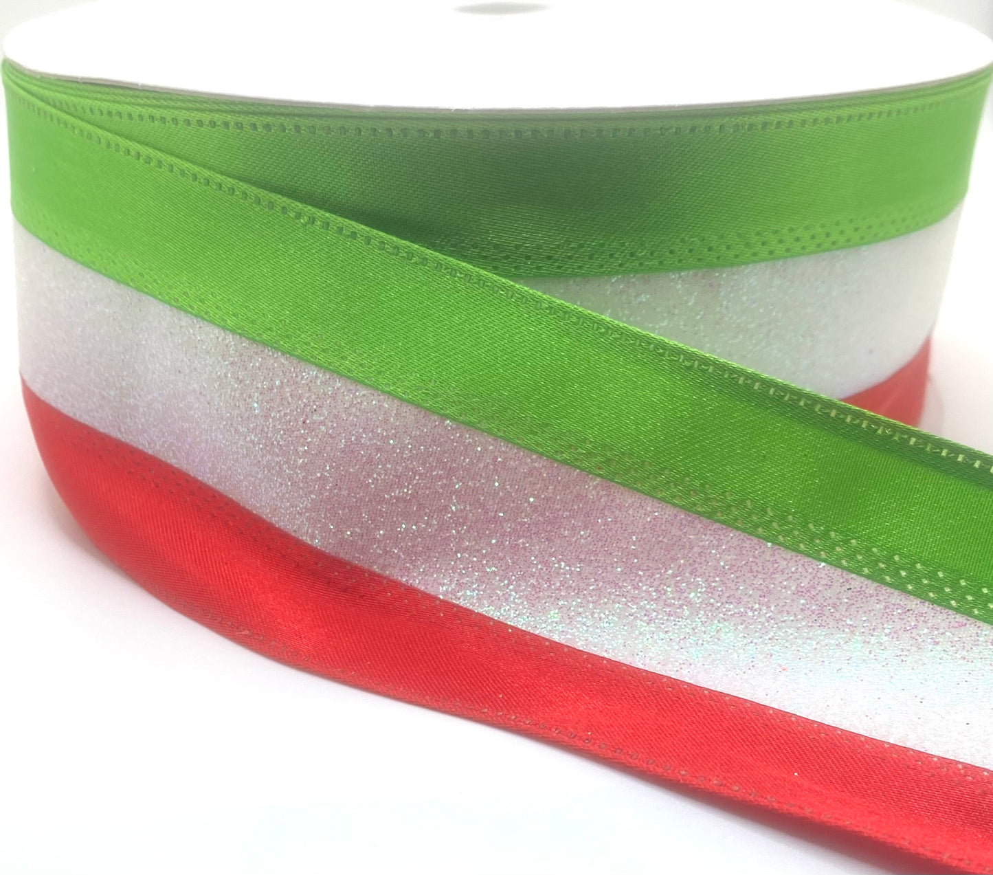 50 Yards - 2.5” Red, Green and Iridescent Stripe Christmas Ribbon