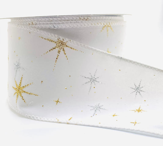 10 Yards - 2.5” Wired White Velvet Gold and Silver Guiding Stars Ribbon