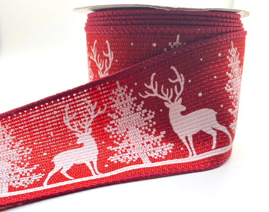 10 Yards - 2.5" Wired Red with Deer, Trees and Snow Ribbon