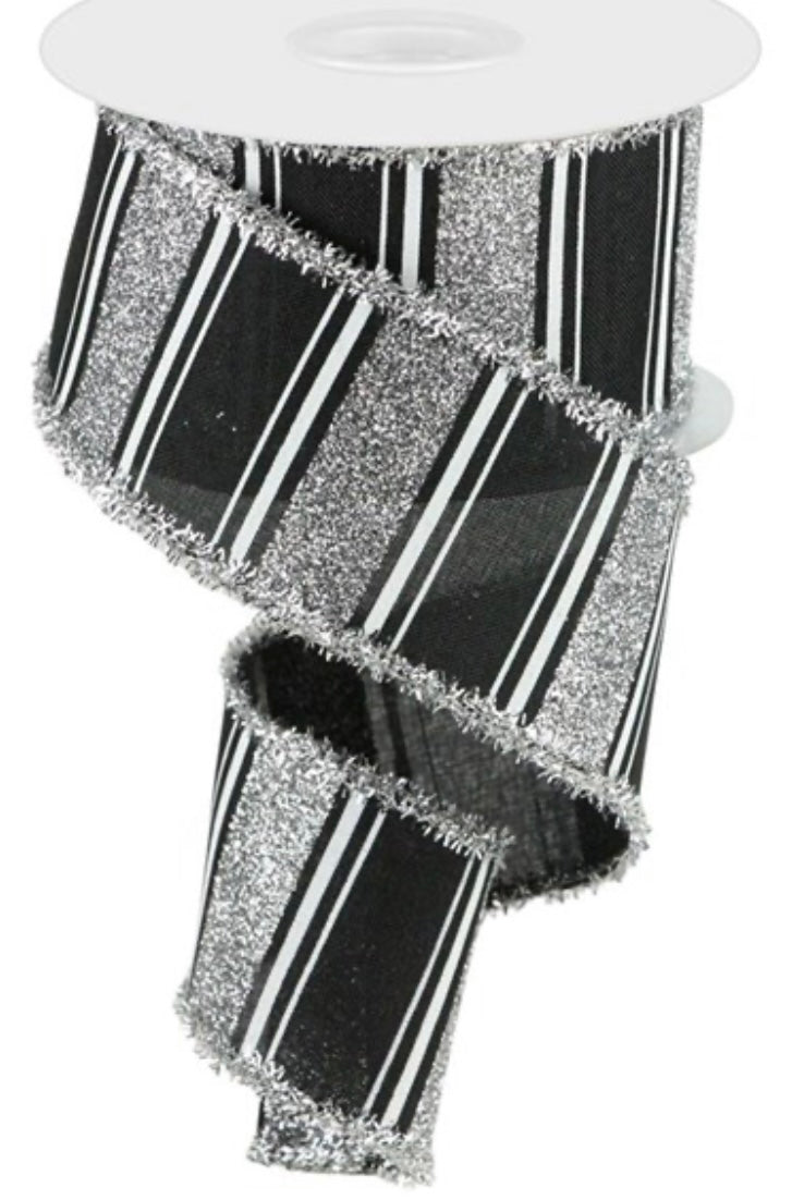 10 Yards - 2.5” Wired Black, White, and Silver Glitter Stripe Tinsel Edge Ribbon