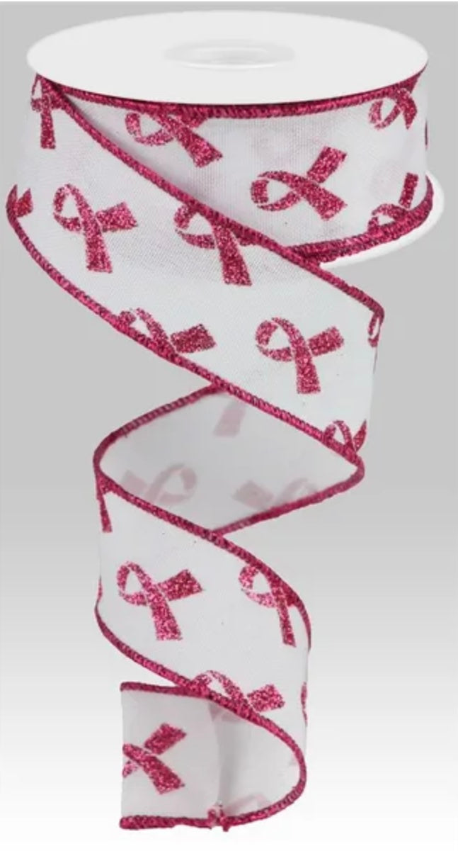 Wired White Background Breast Cancer Awareness Ribbon with Glitter Accent-1.5”x10 Yards