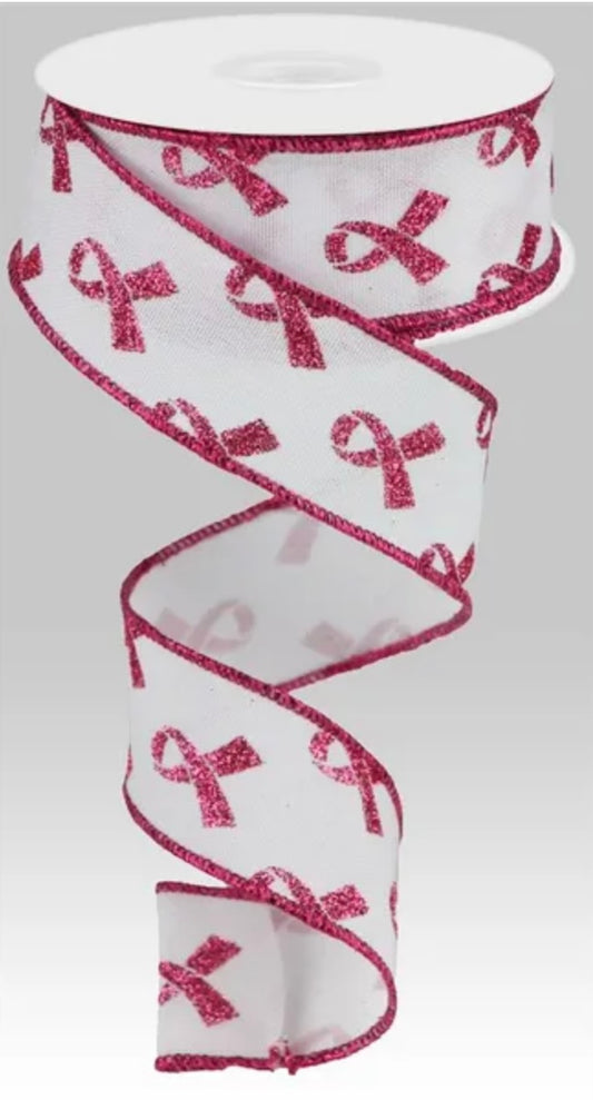 Wired White Background Breast Cancer Awareness Ribbon with Glitter Accent-1.5”x10 Yards