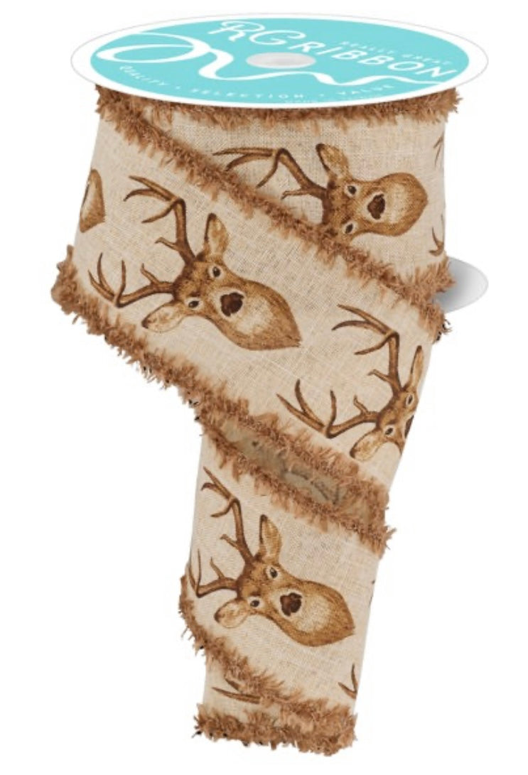 10 Yards - 2.5" Wired Natural Background Deer Ribbon