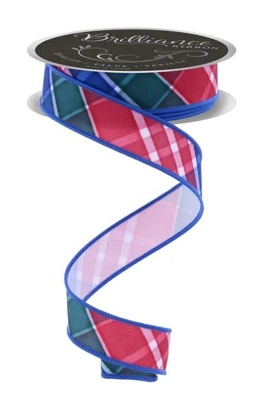 Wired Red Emerald Blue Plaid Ribbon- 7/8”x10 Yards