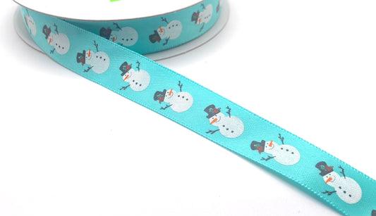 10 Yards - 5/8” Aqua Satin Snowmen Ribbon