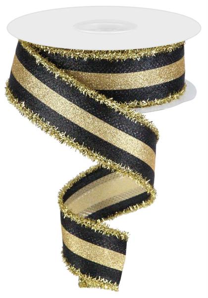 10 Yards - 1.5” Wired Black and Gold Stripe Heavy Glitter Tinsel Edge Ribbon