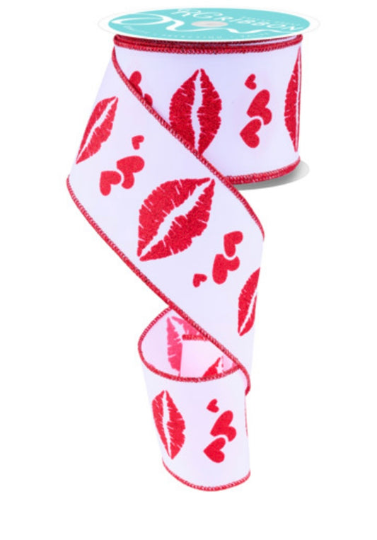 10 Yards - 2.5" Wired White Background Valentines Day Heart and Kisses Ribbon