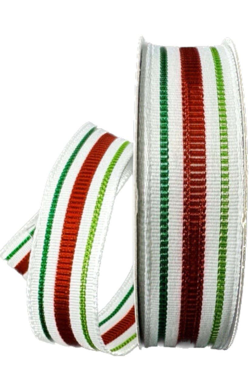 Wired White, Red, Emerald, and Lime Stripe Ribbon- 7/8”x10 Yards