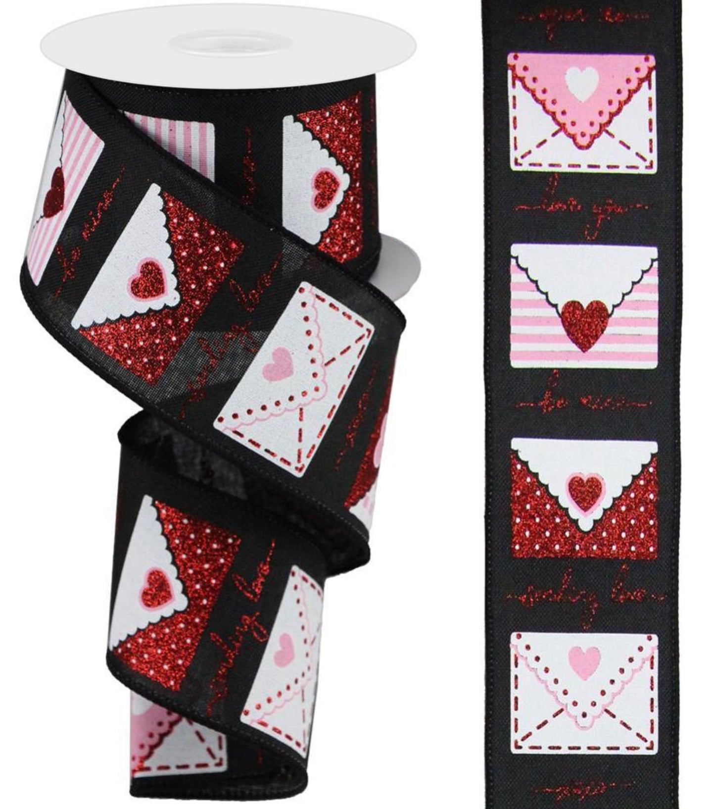 10 Yards - 2.5" Wired Black Background Valentines Day Envelope Ribbon with Glitter Accent