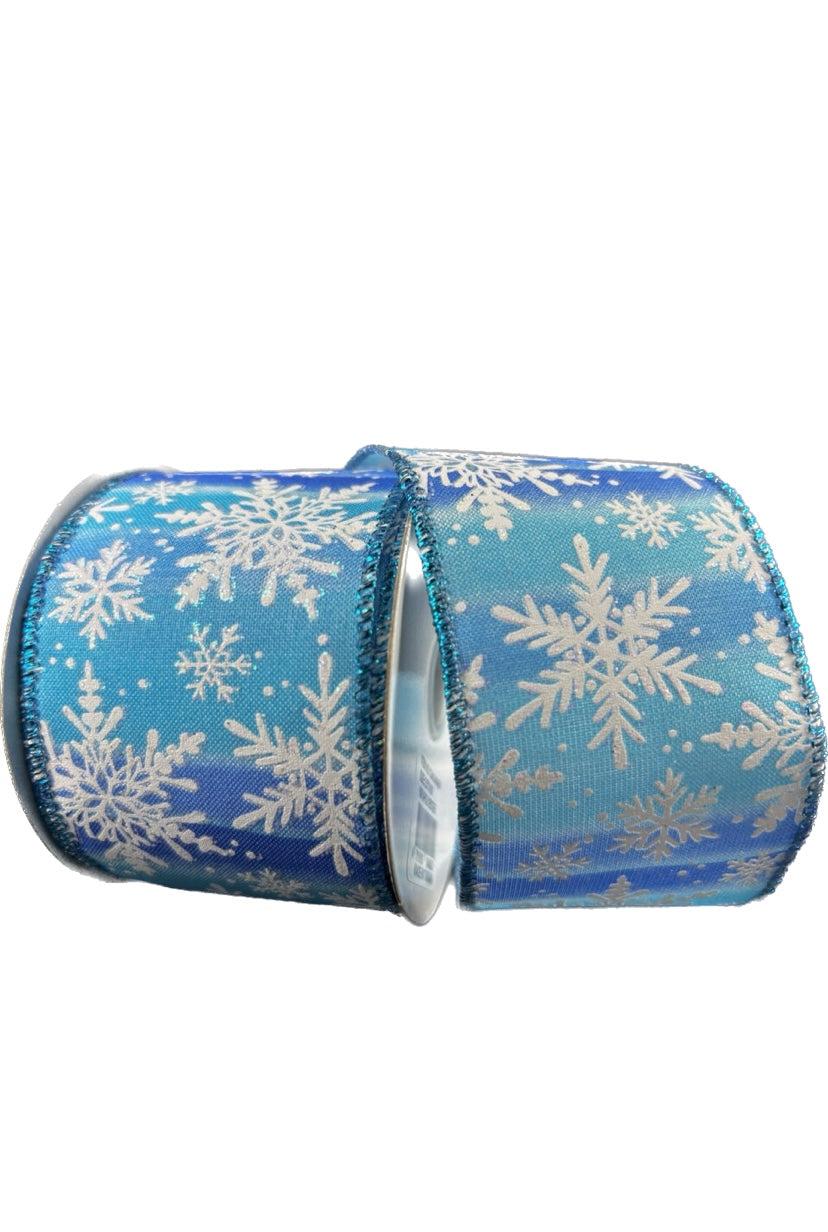 10 Yards - 2.5” Wired Royal Blue Aqua Ombré Satin White Snowflake Ribbon