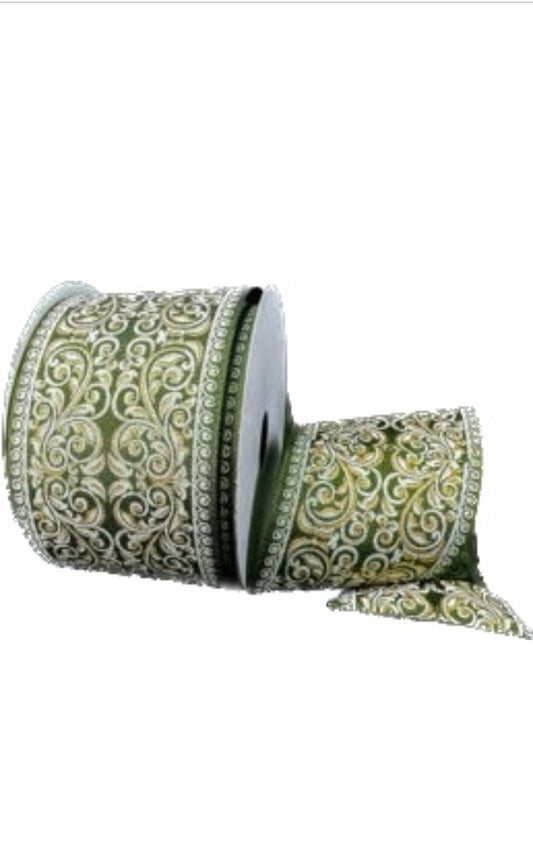 Wired Moss Satin Metallic Ornate Ribbon-2.5”x10 Yards