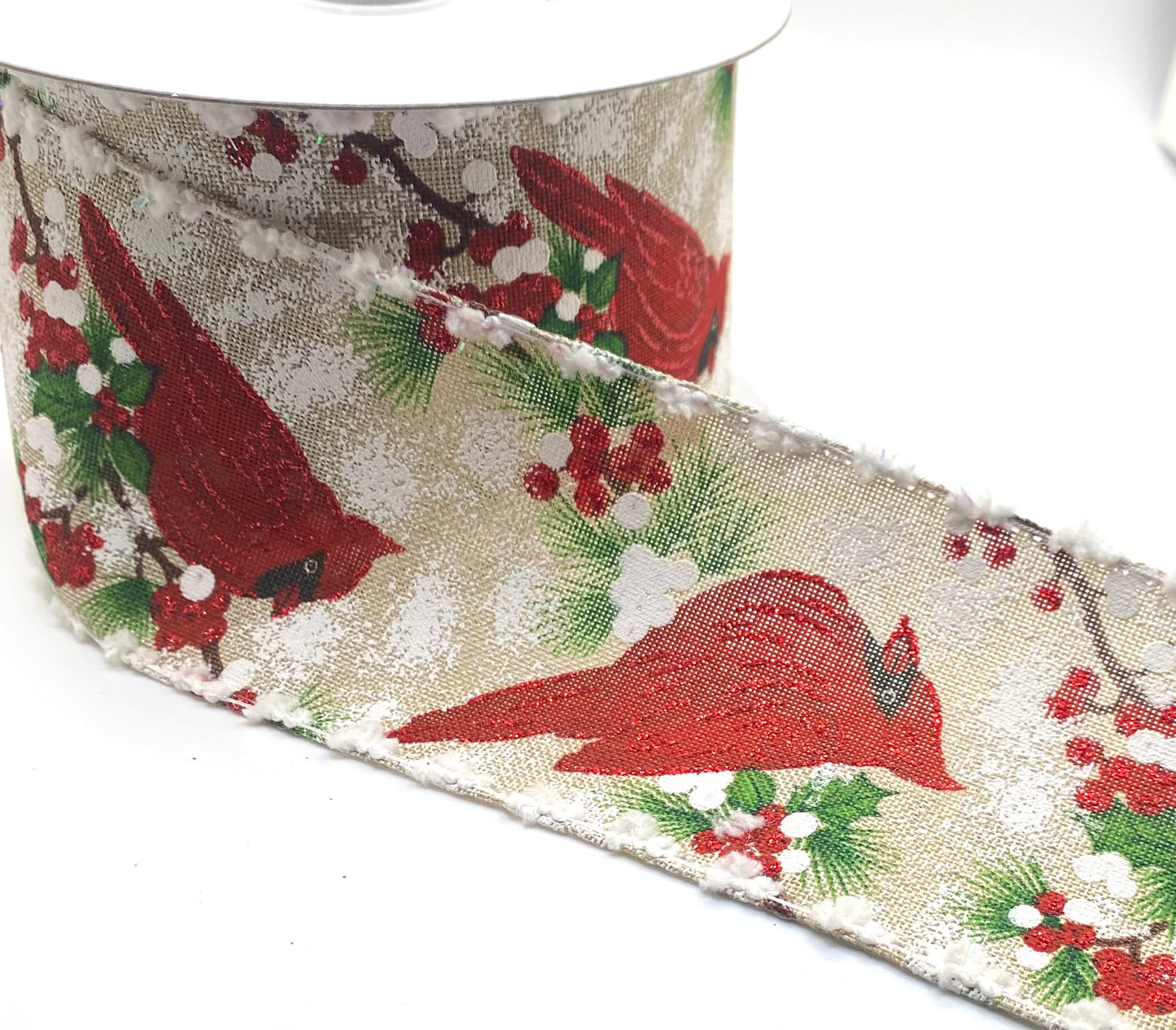 10 Yards - 2.5” Wired Light Linen Cardinal Berry Branch Ribbon