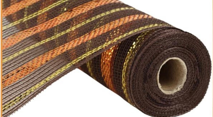 10.5” inch x 10 Yards Brown, Orange and Gold Jute Metallic Mesh