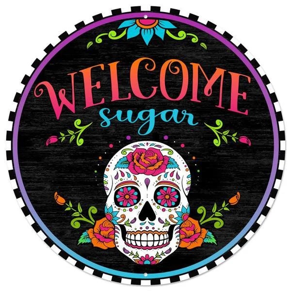 12” Round Metal Welcome Sugar and Skull Wreath Sign