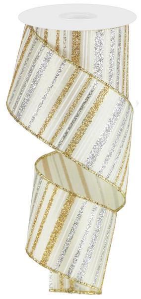 10 Yards - 2.5" Wired White, Gold, and Silver Glitter Stripe Ribbon