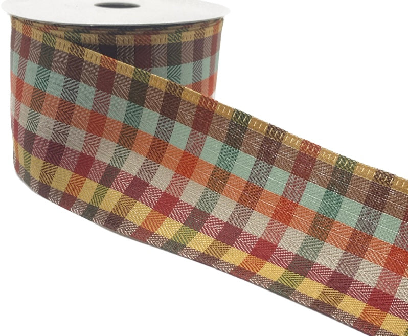 10 Yards - 2.5” Wired Burgundy Yellow Orange Teal Chevron Check Plaid Ribbon