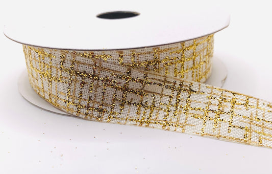 10 Yards - 7/8” White Satin Gold Glitter Tweed Ribbon