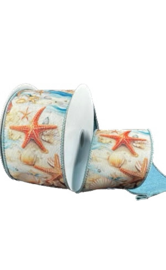 Wired Double Sided Starfish-Shells-TidePool Dusty Blue Dupioni Back Ribbon- 2.5”x10 Yards