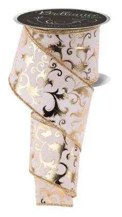 Wired Cream and Gold Metallic Foil Swirl Leaf Ribbon- 2.5”x10 Yards