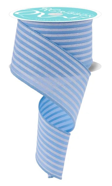 Wired Light Blue and White Vertical Stripes Ribbon- 2.5”x 10 Yards