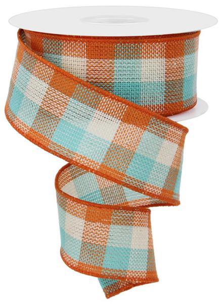 10 Yards - 1.5" Wired Blue, Orange, and White Check Fall Ribbon