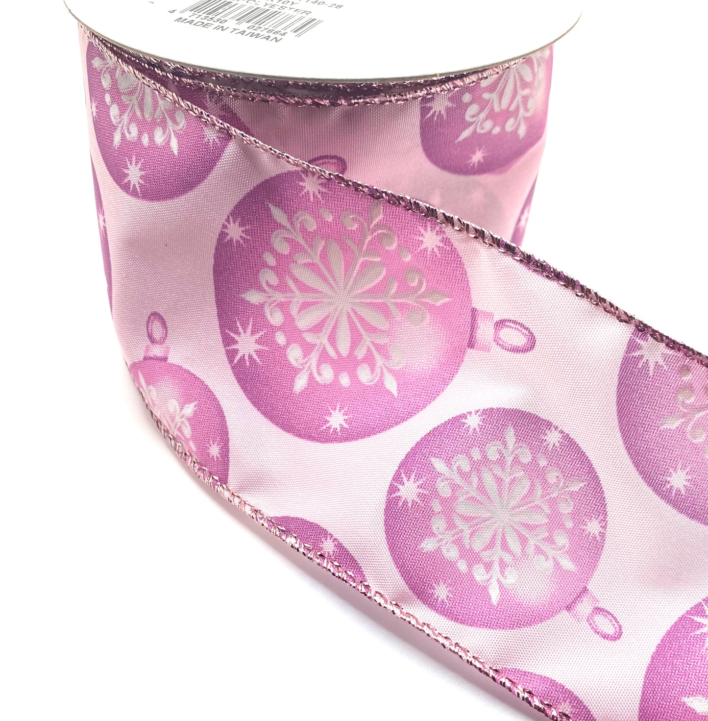 10 Yards - 2.5” Wired Christmas Ornament Ribbon with Pink Background