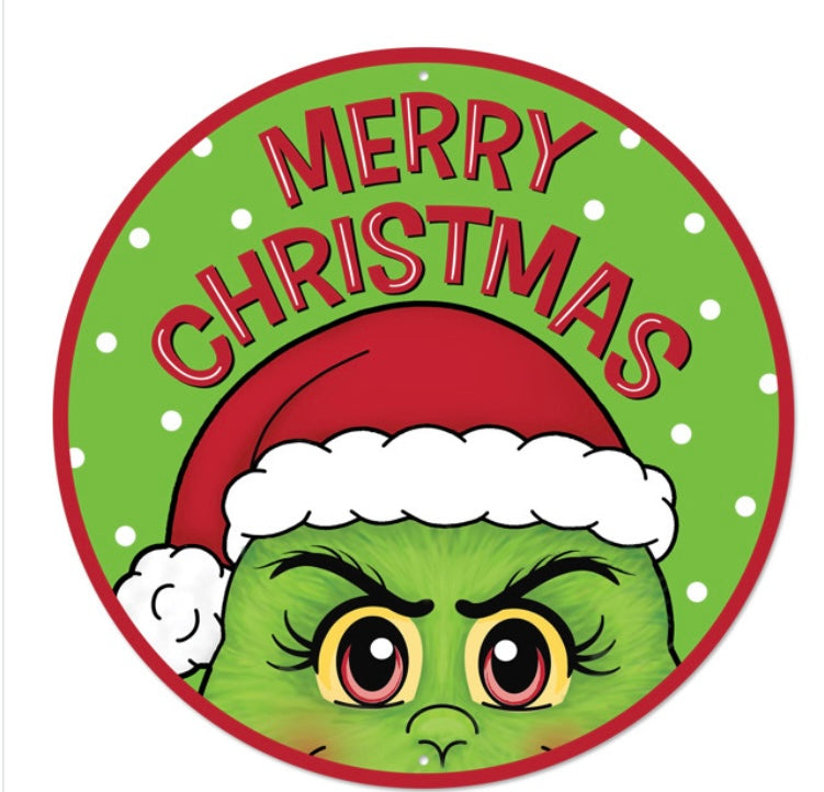 12” Round Metal Merry Christmas Green Monster Wreath Sign