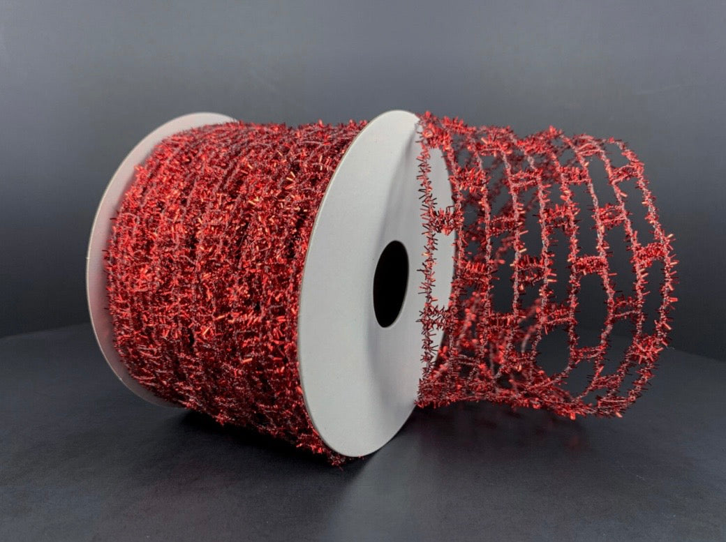 10 Yards - 2.5” Wired Red Open Weave Tinsel Ribbon
