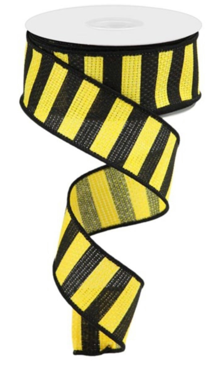 10 Yards - 1.5” Yellow with Horizontal Black Stripes Ribbon - Everyday Ribbon