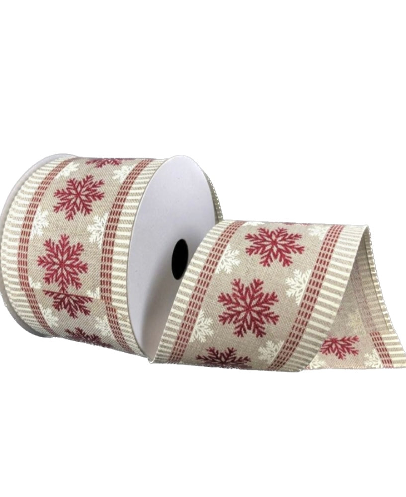 10 Yards - 2.5" Wired Natural Background Red and White Snowflake Ribbon