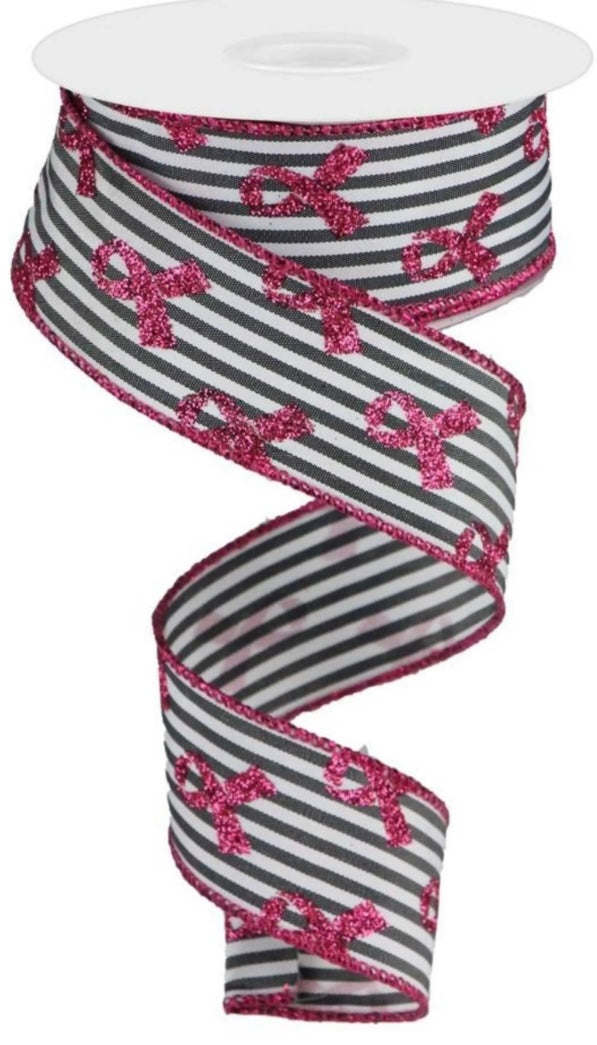 10 Yards - 1.5” Wired Black and White Stripe Breast Cancer Awareness Ribbon with Glitter Accent