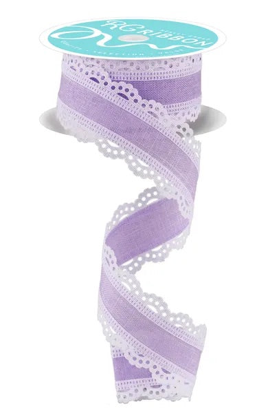 Wired Light Purple Ribbon with White Lace Detail-1.5”x10 Yards