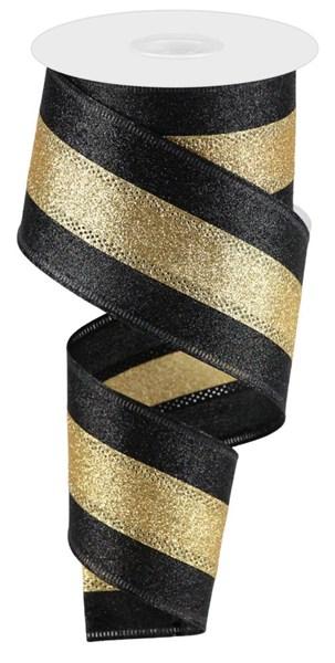 10 Yards - 2.5" Wired Black and Gold Stripe Heavy Glitter Ribbon