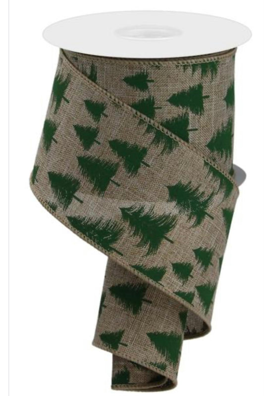 10 Yards - 2.5” Wired Natural Background Green Christmas Tree Ribbon