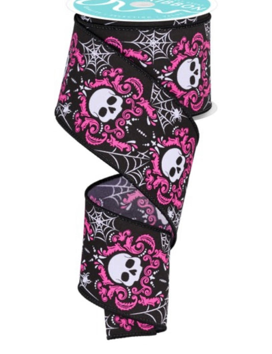 10 Yards - 2.5” Wired Black Pink and White Skull Ribbon