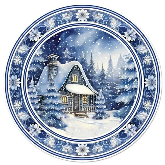12” Round Metal Winter Scene Cabin Wreath Sign