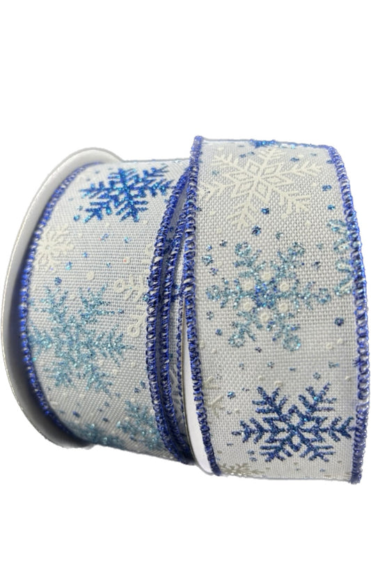 Wired White Linen Blue Snowflakes Ribbon-1.5”x10 Yards