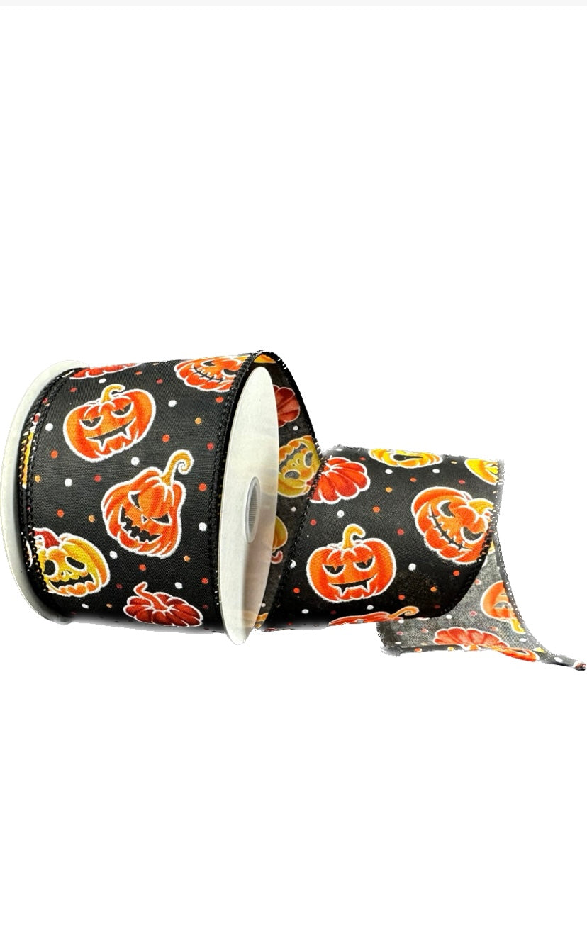 Wired Black Satin Pumpkin and Polka Dots Halloween Ribbon-2.5”x10 Yards